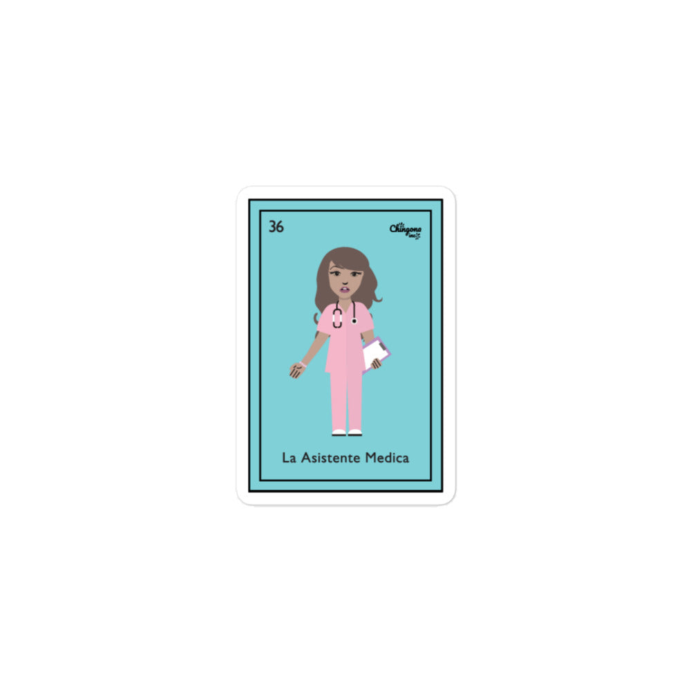 a Asistente Médica lotería card sticker for Latina medical assistant, immigrant pride, first-gen healthcare worker, and Latina nurse gift.